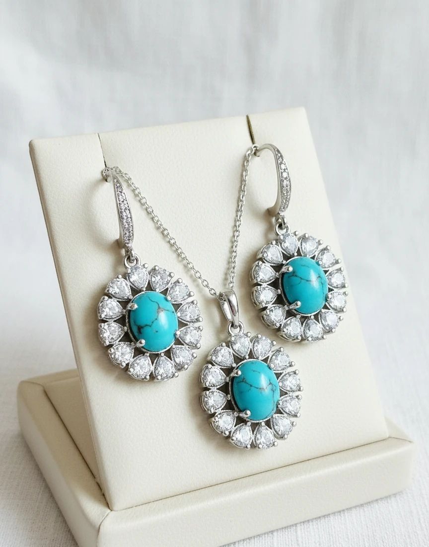 نیم ست نقره زنانه فیروزه نگین دار